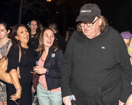 Director Michael Moore walks by delighted fans as he arrives to a New York theater to attend the premiere of his documentary Michael Moore In TrumpLand on October 18, 2016. Moore had finished editing the film the previous day and made a surprise last minute announcement on Twitter that he would show it for free today. The film will start playing in Los Angeles and New York tomorrow. Photo by Enrique Shore Cordon Press  ENRIQUExSHORE Director Moore arrives to the premiere of his documentary MIcha