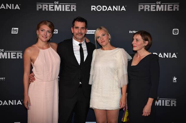 Actress Charlotte Vandermeersch, actor Koen De Bouw, actress and singer Tine Reymer and actress Saskia Reeves pictured ahead of the Belgian premiere of Erik Van Looy movie called De Premier in Antwerp kinepolis, Wednesday 19 October 2016.  DAVIDxSTOCKMAN 04961057