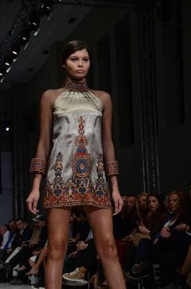 Greece: Second day of 10th AXDW in Athens A model wears a creation of Tassos Mitropoulos fashion designer. Second day of the 10th Athens Xclusive Designers Week fashion event in Athens with many Greek fashion designers showcasing their creations.  GeorgexPanagakis