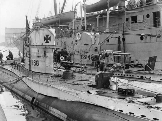 New York, New York: 1919 The surrendered German submarine UB88 at the Brooklyn Navy Yard where it was used in the Visctory Loan drive. xUnderwoodxArchives 4-WWI-Ger-Nav_2