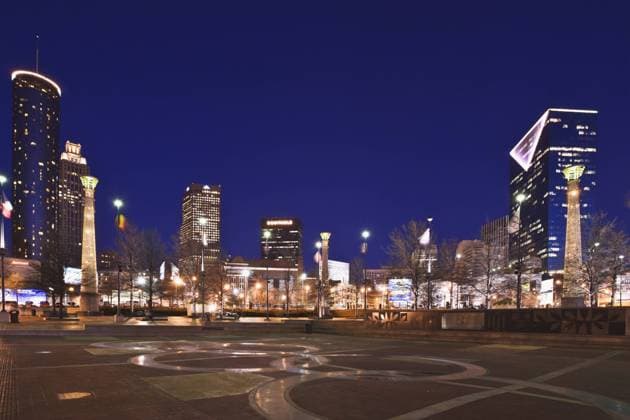 USA, Georgia, Atlanta. Twilight view of Centennial Olympic Park. Credit as: Dennis Flaherty Jaynes Gallery DanitaDelimont.com (RF)  Copyright: xBillxJaynesx(BJA)x xDanitaxDelimont US11 BJA0021