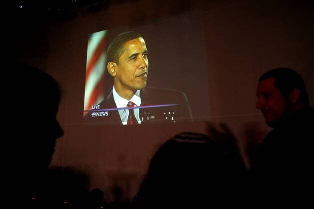 Barack Obama speech is projected during the No On 8 party at the Music Box at Henry Fonda in Hollywood, Ca November 4, 2008.(Andy Holzman Staff Photographer)  - ZUMA10AH DN05-ELECTION10AH