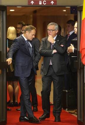European Council President Donald Tusk and European Commission President Jean-Claude Juncker pictured during the EU-Canada summit meeting, Sunday 30 October 2016, at the European Union headquarters in Brussels. EU leaders and Canada will sign at Today s summit the Comprehensive Economic and Trade Agreement (CETA). The signing of the treaty was delayed by the refusal of the Belgian Walloon and Brussels Region.  NICOLASxMAETERLINCK 04969051