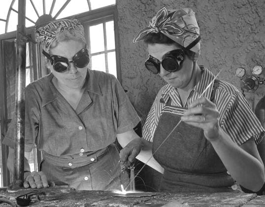 October 5, 2016 - Two Woman Welding while Being Trained in Aircraft Construction Class during WWII, De Land, Florida, Howard R. Hollem for Office of War Information, April 1942 - ZUMAg145 20161005_zza_g145_003