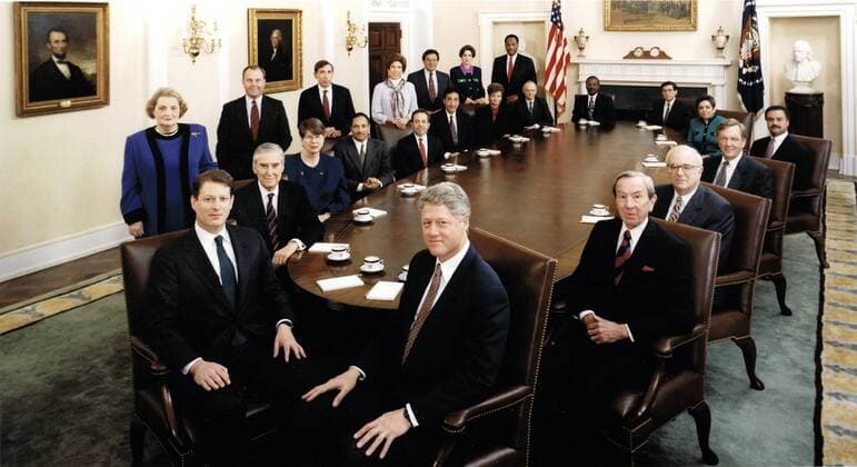 January 11, 1994 - Washington, District of Columbia, United States of America - Official photo of United States President Bill Clinton s Cabinet taken in the Cabinet Room of the in Washington, DC on January 11, 1994. Seated from left to right: President Clinton, Secretary of State Warren Christopher, Secretary of Defense Les Aspin, Secretary of Interior Bruce Babbitt, Secretary of Commerce Ron Brown, Secretary of Health and Human Services Donna Shalala, Secretary of Transportation Federico Pena, Secretary of Veterans Affairs Jesse Brown, Secretary of Education Richard Riley, Secretary of Energy Hazel O Leary, Secretary of Housing and Urban Development Henry Cisneros, Secretary of Labor Robert Reich, Secretary of Agriculture Mike Espy, Attorney General Janet Reno, Secretary of Treasury Lloyd Bentsen, and Vice President Al Gore. Standing, from front to back: United Nations Ambassador M - ZUMAs152 19940111_zaa_s152_002