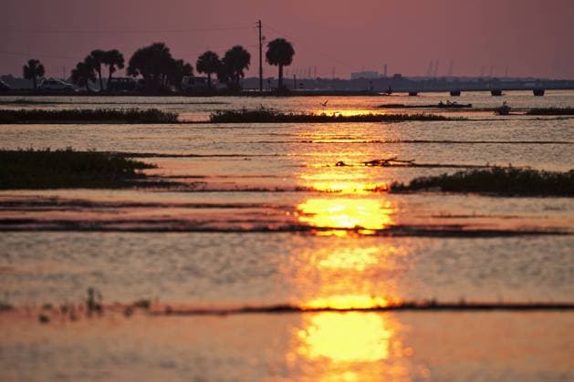 USA: Georgia USA, Georgia, Tybee Island, Setting sun reflected in tidewater bay along coastline on summer evening  Copyright: xPaulxSoudersx xDanitaxDelimont US11 PSO0008
