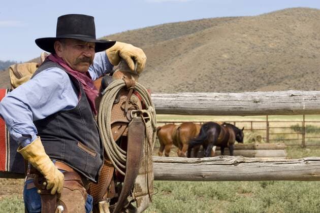 USA, Oregon, Seneca, Ponderosa Ranch. Cowboy leaning on rail with horses in background. Credit as: Wendy Kaveney Jaynes Gallery DanitaDelimont.com (MR PR)  Copyright: xBillxJaynesx(BJA)x xDanitaxDelimont US38 BJA0335