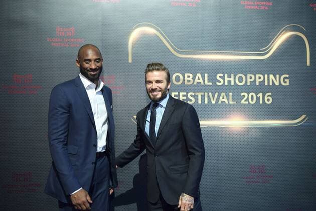 SHENZHEN, CHINA - NOVEMBER 09: American retired basketball player Kobe Bryant (L) and British former footballer David Beckham pose for a photo during a dress rehearsal ahead of Gala of 11.11 Global Shopping Festival on November 09, 2016 in Shenzhen, Guangdong Province of China. Alibaba Group will hold a gala of the 11.11 Global Shopping Festival at Shenzhen Universiade Sports Centre on the night before November 11.  CFP495282536