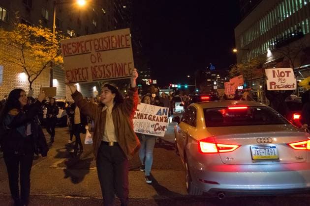Rally and march against Trump in Philadelphia Two days after the U.S. Presidential election, demonstrators staged a rally in Thomas Paine Plaza and march on John F. Kennedy Boulevard in downtown Philadelphia as part of a nationwide series of demonstrations decrying the political agenda of President-elect Donald J. Trump.  AlbinxLohr-Jones