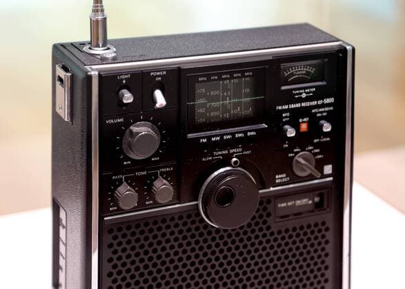 November 12, 2016, Tokyo, Japan - Japan s electronics giant Sony displays president Kazuo Hirai s favorite shortwave radio receiver ICF-5800 at the company s retrospective exhibition It s a Sony exhibition at the Sony building in Ginza in Tokyo on Saturday, November 12, 2016. Sony exhibited the company s historical products at the building which was built 50 years ago as Sony will close Sony s landnark Sony building on March 31, 2017 and will open Sony park in 2018 at the place.  (lwxa006223)