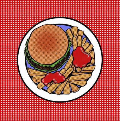 Draufsicht eines Hamburgers mit Pommes frites  JacquiexBoyd 10640396