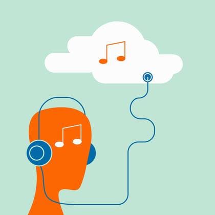 Cloud-Computing - Illustrationen Mann hört Musik mit Kopfhörern verbunden mit einer Wolke  OttoxSteininger 12390003