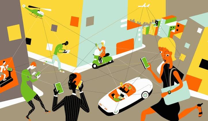 Belebte Stra§enszene mit Menschen besessen von Smartphones und drahtloser Technologie  OttoxSteininger 12390021