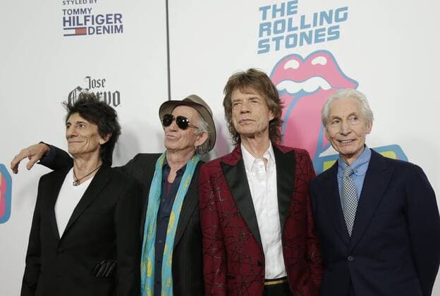 The Rolling Stones band members Ron Wood, Keith Richards, Mick Jagger and Charlie Watts arrive on the red carpet at Industria in the West Village at the North American debut of Exhibitionism -The Rolling Stones on November 15, 2016 in New York City. The Rolling Stones display their treasure trove of history in Exhibitionism, the largest touring experience of its kind ever to be staged. The vast 17,000 square foot exhibit will make its U.S. debut in New York City at Industria in the West Village where it will run through March 12, 2016.  NYP20161115107 JOHNxANGELILLO