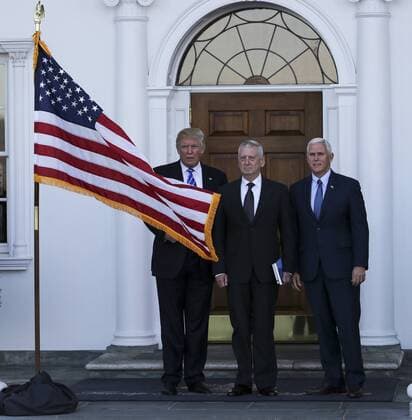 President-elect Donald Trump (L) and Vice President-elect Mike Pence (R) pose with General James Mattis (C) at the clubhouse of Trump International Golf Club, November 19, 2016 in Bedminster Township, New Jersey. Pool photo by Aude Guerrucc  TPX20161119219 AUDExGUERRUCCI