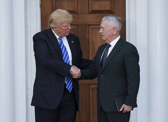 President-elect Donald Trump (L) shakes hands with General James Mattis (R) at the clubhouse of Trump International Golf Club, November 19, 2016 in Bedminster Township, New Jersey. Pool photo by Aude Guerrucc  TPX20161119234 AUDExGUERRUCCI