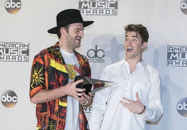 November 20, 2016 - Los Angeles, California, U.S - Alex Pall (L) and Drew Taggart of The Chainsmokers pose with the Favorite EDM Artist award in the Press Room of the 2016 American Music Awards held on Sunday, November 20, 2016 at the Microsoft Theatre in Los Angeles, California. Los Angeles U.S. - ZUMAp124 20161120_zaa_p124_254