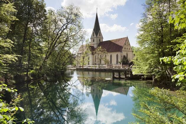 Church of Blaubeuren Monastry reflecting in Blautopf Spring, Blaubeuren, Swabian Alb, Baden Wurttemberg, Germany, Europe Copyright: MarkusxLange 1160-1408