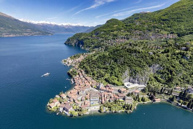 Aerial view of the picturesque village of Varenna surrounded by Lake Como and gardens, Lecco Province, Italian Lakes, Lombardy, Italy, Europe Copyright: RobertoxMoiola 1179-1073