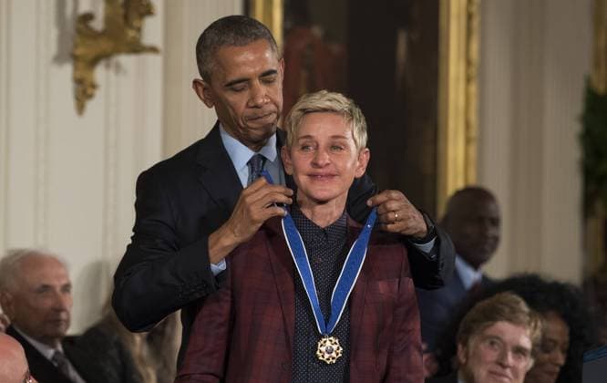 President Barack Obama awards the Presidential Medal of Freedom to comedian Ellen DeGeneres during a ceremony in the East Room at the White House in Washington, D.C. on November 22, 2016. Obama awarded 21 medals to distinguished innovators, entertainers athletes and philanthropists.  WAP2016112205 PATxBENIC