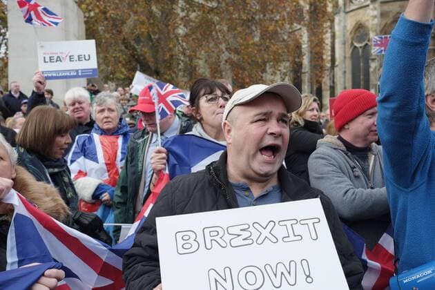 November 23, 2016 - London, England, United Kingdom - A pro-Brexit demonstrator chants during a protest outside the Houses of Parliament on November 23, 2016 in London, England. British Prime Minister Theresa May has said that she will not delay triggering article 50, the formal process of leaving the European Union, but wants to avoid a cliff edge London United Kingdom  - ZUMAn230 20161123_zaa_n230_082
