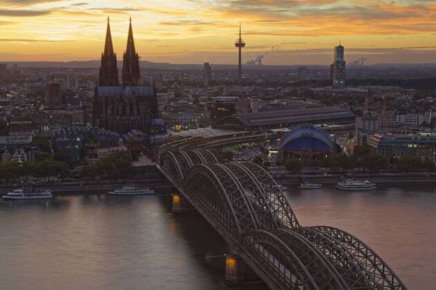 Germany, Cologne, view to the city from above at evening twilight  GFF00818