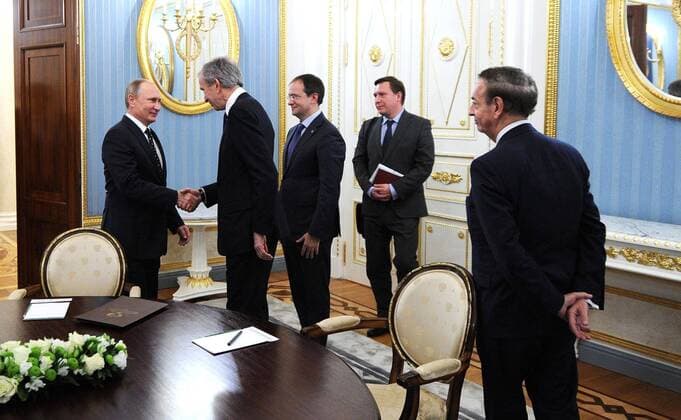 November 24, 2016 - Moscow, Russia - Russian President Vladimir Putin, left, greets CEO of Moet Hennessy Louis Vuitton Bernard Arnault for their meeting in the Kremlin November 24, 2016 in Moscow, Russia. Joining the meeting are Russian Minister of Culture Vladimir Medinsky and Presidential Aide Yuri Ushakov. Moscow Russia - ZUMAp138 20161124_zaa_p138_006