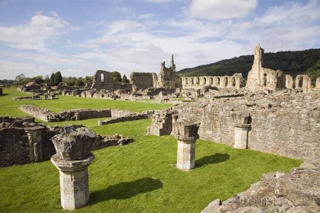 Ruins of the 12th century Cistercian Byland Abbey, destroyed by Scottish army in Battle of Byland 1322, when Edward ll was defeated, Coxwold, North York Moors National Park, Yorkshire, England, United Kingdom, Europe Copyright: PearlxBucknall 586-1381