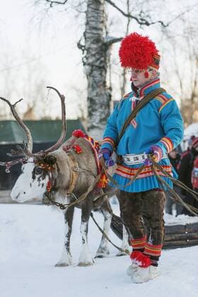 Ethnic Sami people at winter festival, Jokkmokk, Lapland, Arctic Circle, Sweden, Scandinavia, Europe Copyright: ChristianxKober Editorial Use Only 733-6676