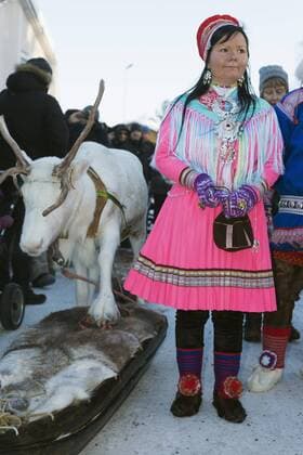 Ethnic Sami people at winter festival, Jokkmokk, Lapland, Arctic Circle, Sweden, Scandinavia, Europe Copyright: ChristianxKober Editorial Use Only 733-6678