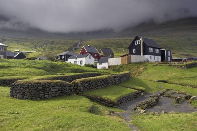 Viking longhouse dating from the 10th century, archaeological site of Toftanes, village of Leirvik, Eysturoy Island, Faroe Islands (Faroes), Denmark, Europe Copyright: PatrickxDieudonne 770-1412