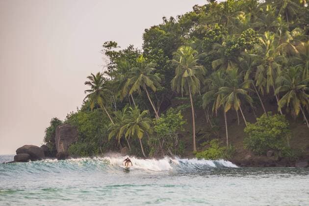 Surfer surfing at sunset at Mirissa Beach, South Coast, Sri Lanka, Southern Province, Asia Copyright: MatthewxWilliams-Ellis 1109-1051