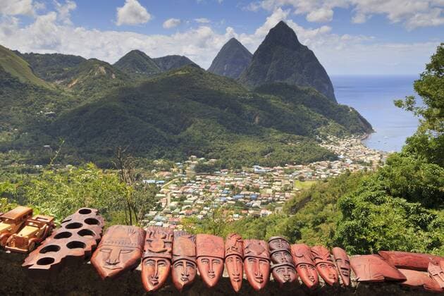 Souvenir stall with view of the Pitons and Soufriere, St. Lucia, Windward Islands, West Indies, Caribbean Copyright: EleanorxScriven 1167-33