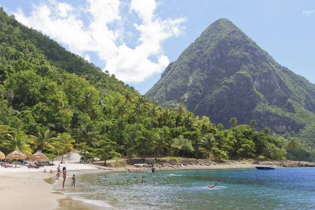 Swimming and sunbathing on Jalousie (Sugar) Beach, St. Lucia, Windward Islands, West Indies, Caribbean, Central America Copyright: EleanorxScriven 1167-34