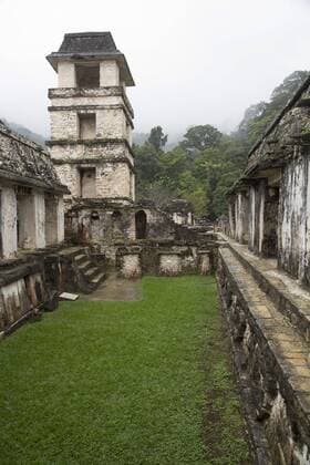 Palace in low hanging fog, Palenque Archaeological Zone, UNESCO World Heritage Site, Chiapas, Mexico, North America Copyright: RichardxMaschmeyer 801-1035