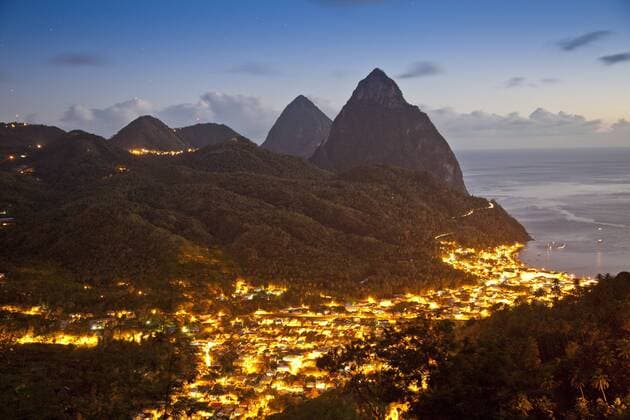 The Pitons and Soufriere at night, St. Lucia, Windward Islands, West Indies, Caribbean, Central America Copyright: DonaldxNausbaum 825-92