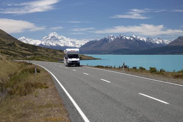 Campervan on Mount Cook Road with Mount Cook and Lake Pukaki, Mount Cook National Park, UNESCO World Heritage Site, Canterbury, South Island, New Zealand, Pacific Copyright: StuartxBlack 846-2006