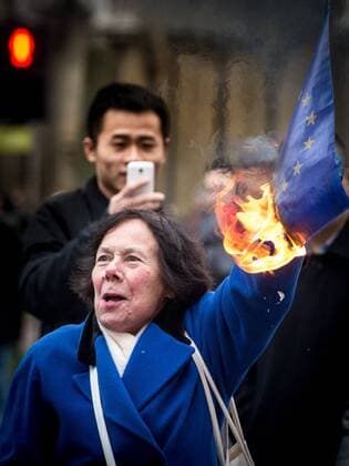Britin verbrennt Europaflagge vor Supreme Court in London . 06 12 2016. London, United Kingdom. Brexit Legal Challenge - Day 2. A woman burns the flag of the European Union outside the Supreme Court. The case will decide if Parliament can vote on whether the UK can start the process of leaving the EU.  xPetexMaclainex xi-Imagesx IIM-13966-0016
