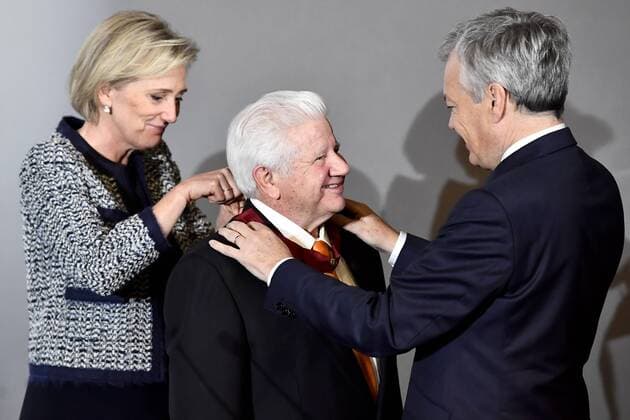 Princess Astrid of Belgium, Lee Roy Mitchell, Founder and Chairman of the Board Cinemark and Vice-Prime Minister and Foreign Minister Didier Reynders pictured during a bestowing of the honorary distinction of Commander in the Order of the Crown pictured during a visit to Cinemark on the fourth day of the economic mission of Belgium s Princess Astrid in Texas, United States, Tuesday 06 December 2016, in Austin.  DIRKxWAEM 04991736