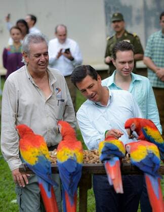 Mexiko - Präsident Nieto im Urwaldgebiet Selva Lacandona December 6, 2016 - Selva Lacandona, Chiapas, Mexico - Mexican President Enrique Pena Nieto and Gov. Manuel Velasco, right, view endangered scarlet macaws during a tour of the Lacondon jungle December 6, 2016 in Selva Lacandona, Chiapas, Mexico. The president toured the remote region and declared it a protected biosphere zone for both the habitat and indigenous people. Selva Lacandona Mexico - ZUMAp138 20161206_zaa_p138_046