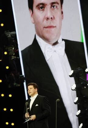 MOSCOW, RUSSIA - DECEMBER 7, 2016: Russian pianist Denis Matsuev, the Instrumentalist of the Year nomination winner, receives a prize during the First Russian National Music Awards ceremony at the State Kremlin Palace. Vyacheslav Prokofyev TASS  TS03A4AD