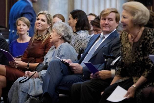 08-12-2016 Amsterdam King Willem-Alexander, with Queen Maxima and Princess Beatrix, during the Erasmusprize ceremony at the Koninklijke paleis in Amsterdam. The King, patron of the Praemium Erasmianum foundation, and the board has awarded the 150.000 euro prize to the British writer Dame Antonia Susan Byatt (1936). This years theme of the Erasmusprijs was ‘Life Writing .  Copyright: ppex