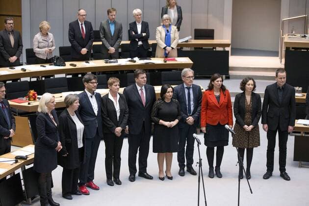 December 8, 2016 - Berlin, Germany - The new members of Berlin s Senate (L-R) Senator for Transportation and Environment Regine Guenther, Senator for Living and Building Katrin Lompscher (Linke), Justice Senator Dirk Behrendt (Gruene), Senator for Work and Social Policies Elke Breitenbach (Linke), Interior Senator Andreas Geisel (SPD), Health Senator Dilek Kolat (SPD), Finance Senator Matthias Kollatz-Ahnen (SPD), Senator for Education Sandra Scheeres (SPD), Economy Senator Ramona Pop (Gruene) and Culture and Europe Senator Klaus Lederer (Linke) are pictured before being swore into office from President of the Abgeordnetenhaus (Berlin s Parliament) Ralf Wieland (not in the picture) after the vote which confirmed Michael Mueller (not in the picture, SPD) as the Mayor of Berlin in the Abgeordnetenhaus on Dezember 8, 2016. Berlin Germany  - ZUMAn230 20161208_zaa_n230_450