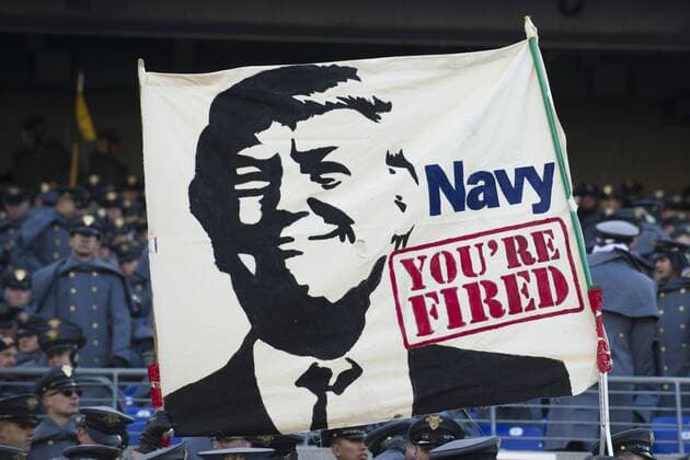 December 10, 2016: A reference to The Apprentice show is on a sign from The Cadets at West Point asking President Elect Donald Trump to fire Navy during the 117th edition of The Army-Navy game between The Army Black Knights and The Navy Midshipmen at M&T Bank Stadium Stadium in Baltimore, MD. The Army Black Knights defeat The Navy Midshipmen 21-17. The Army Black Knights end a fourteen year losing streak. Mandatory Credit: CSM, Baltimore U.S. - ZUMAc04_ 26519157sp