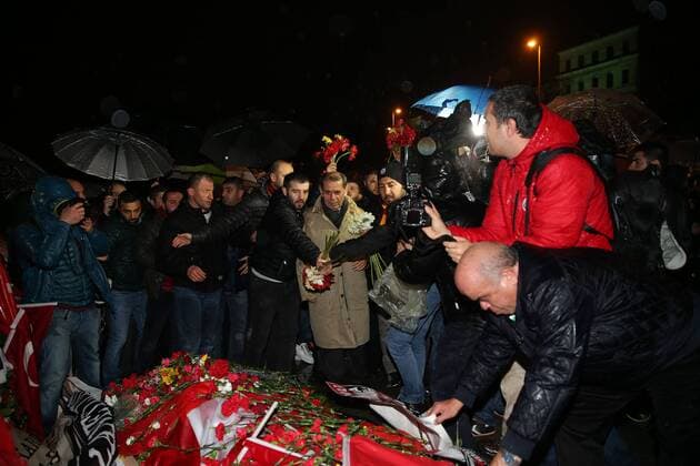 Galatasaray President Dursun Ozbek and a lot of different team supporters visit the blast site outside the Besiktas FC s Vodafone Arena Stadium in Istanbul, December 12, 2016, Turkey. At least 44 people were killed and 160 other wounded in twin explosions outside Vodafone Arena Stadium and in nearby Macka Park a few hours after the night s soccer match on 10 December. The bombs apparently targeted police officers who were securing the match. The Kurdish nationalist group Kurdistan Freedom Hawks (TAK), which seeks an independent Kurdish state in eastern and southeastern Turkey, claimed responsibility for the attack, according to published reports. 