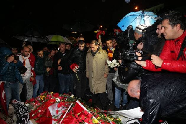 Galatasaray President Dursun Ozbek and a lot of different team supporters visit the blast site outside the Besiktas FC s Vodafone Arena Stadium in Istanbul, December 12, 2016, Turkey. At least 44 people were killed and 160 other wounded in twin explosions outside Vodafone Arena Stadium and in nearby Macka Park a few hours after the night s soccer match on 10 December. The bombs apparently targeted police officers who were securing the match. The Kurdish nationalist group Kurdistan Freedom Hawks (TAK), which seeks an independent Kurdish state in eastern and southeastern Turkey, claimed responsibility for the attack, according to published reports. 