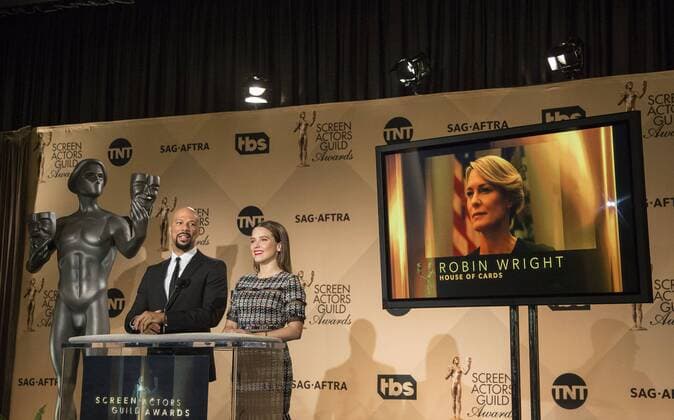 December 14, 2016 - West Hollywood, California, U.S - Common and Sophia Bush at the 23rd Annual Screen Actors Guild Awards Nominations announcement at the Pacific Design Center on Wednesday, December 14, 2016 in West Hollywood, California. Outstanding Performance by a Female Actor in a Drama Series, ROBIN WRIGHT Claire Underwood Ã¢â‚¬ HOUSE OF CARDSÃ West Hollywood U.S. - ZUMAp124 20161214_zaa_p124_071