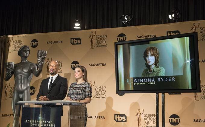 December 14, 2016 - West Hollywood, California, U.S - Common and Sophia Bush at the 23rd Annual Screen Actors Guild Awards Nominations announcement at the Pacific Design Center on Wednesday, December 14, 2016 in West Hollywood, California. Outstanding Performance by a Female Actor in a Drama Series, WINONA RYDER Joyce Byers Ã¢â‚¬ STRANGER THINGSÃ West Hollywood U.S. - ZUMAp124 20161214_zaa_p124_096