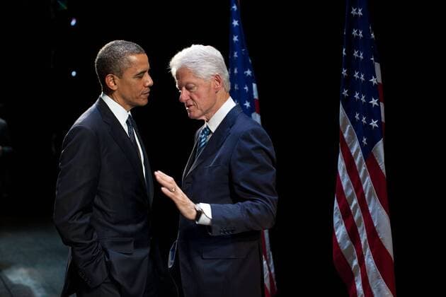 June 4, 2012 - New York, NY, USA - US President Barack Obama talks with former President Bill Clinton backstage at the New Amsterdam Theater June 4, 2012 in New York, NY. New York USA - ZUMAz03_ 20120604_shm_z03_009