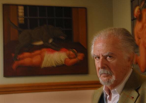 Latin American artist Fernando Botero, in his 70s, has a exhibit of paintings and drawings based on the events at Abu Ghraib prison. Botero stands in the Doe Library with his art at the University of California Berkeley campus, Monday, January 29, 2007.  - ZUMA 20080311_bat_s76_404